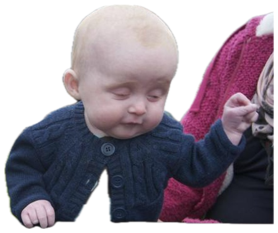 Bald baby at a pub table staring intensely at a full pint of lager like it's his next move sticker