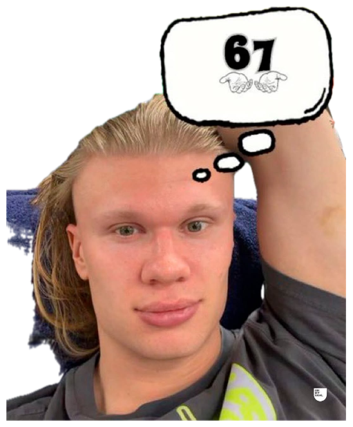 Haaland with a thought bubble showing '67' and two praying hands, completely unfazed sticker