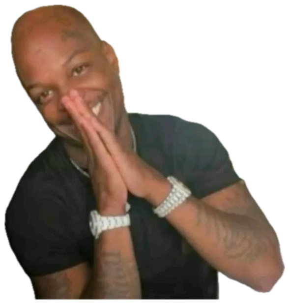 Bald tattooed man grinning with hands pressed together, looking extremely pleased with himself sticker