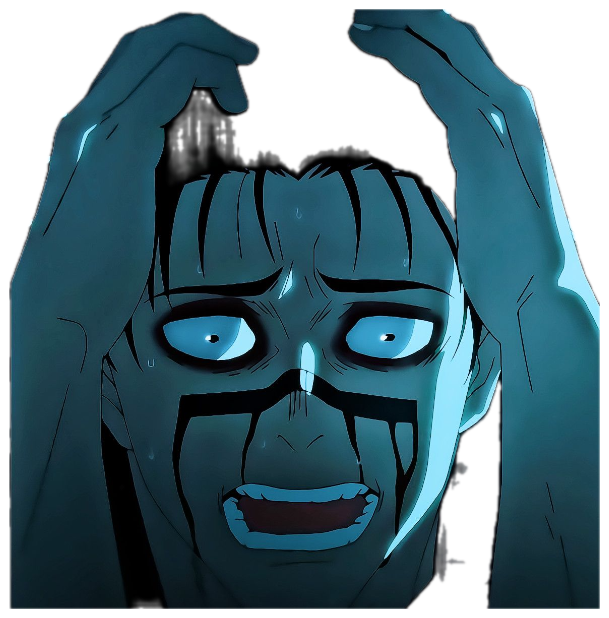 Anime character grabbing his head in the dark, eyes blown wide in absolute horror sticker