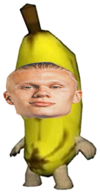 Erling Haaland's deadpan face pasted onto a little banana-suit body sticker