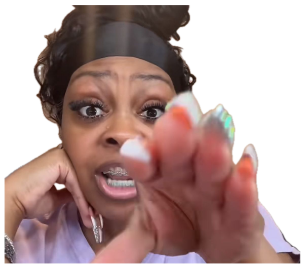 Woman with bedazzled nails pointing at the camera with an intense, wide-eyed accusatory look sticker