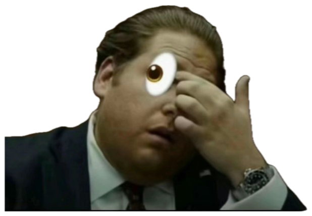 Man in a suit with a huge cartoon googly eye pasted over his face, looking stunned sticker
