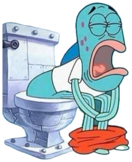 Spongebob fish character slumped over a toilet with pants down, mouth agape in misery sticker