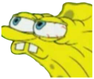 Deep-fried close-up of SpongeBob squinting with heavy suspicion sticker