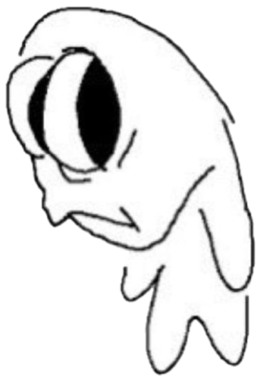 Minimalist doodle of a sad blob creature peering sideways with one giant eye sticker