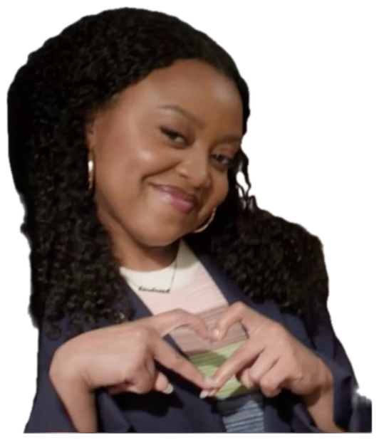 Woman making a shy heart with her hands and a sweet little smile sticker