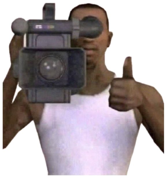 Video game character filming with a camcorder while giving a big thumbs up sticker