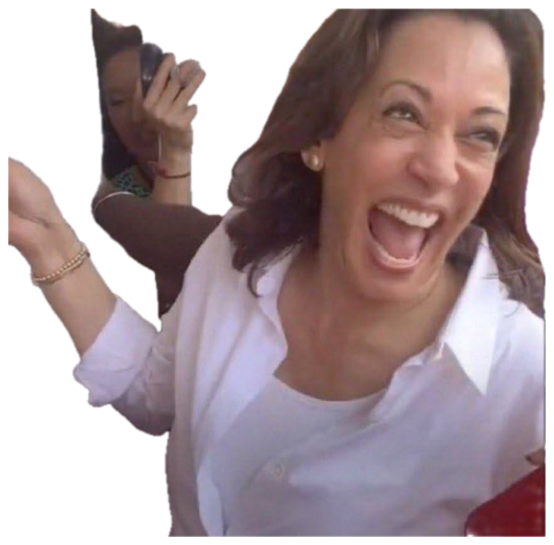 Kamala Harris laughing with full energy, arms wide, completely delighted sticker