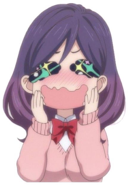 Anime girl with sparkly star eyes and blushing cheeks holding her face in overwhelmed excitement sticker