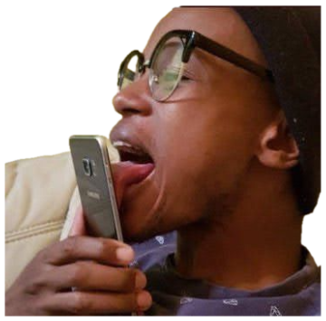 Guy in glasses and a beanie enthusiastically licking his phone screen sticker