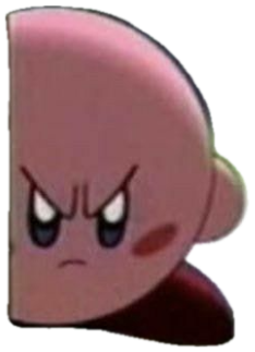 Kirby peeking around a doorway with an angry, glaring scowl sticker