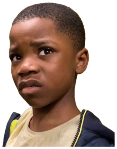 Young boy with furrowed brows giving a skeptical, displeased stare sticker