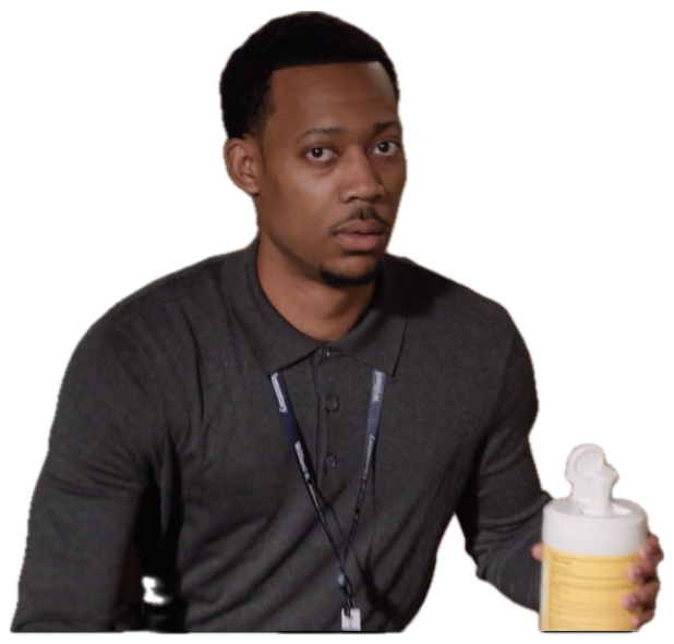 Man in a polo shirt holding a container of wipes, looking sideways with a baffled expression sticker