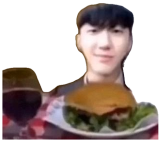 Young man smiling smugly behind a burger plate and glass of wine at a date setup sticker