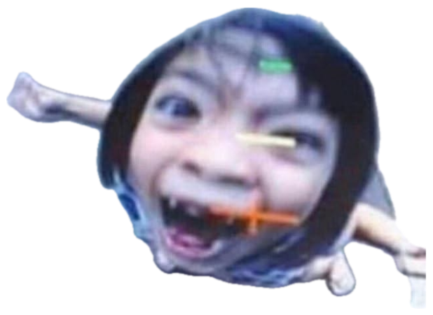 Child pressing a wild screaming face against a fisheye backup camera, captioned 'Never depend solely on camera' sticker