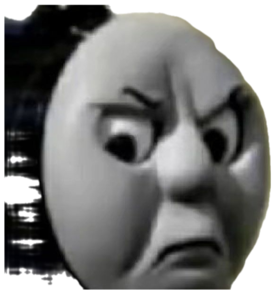 Thomas the Tank Engine scowling with furrowed brows and a hard frown sticker