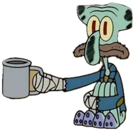 Bandaged Squidward begging in a cardboard box holding out an empty mug sticker