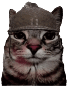 Cat in an army helmet staring dead ahead in front of a war-torn battlefield sticker