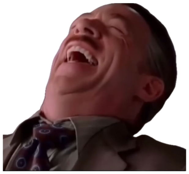Man in a suit throwing his head back in a full, uncontrollable laugh sticker