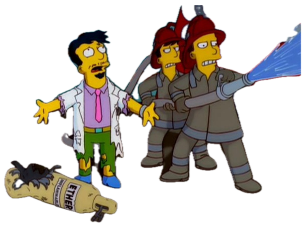 Simpsons scientist soaking wet, arms spread, while firefighters hose him down next to an ether bottle sticker