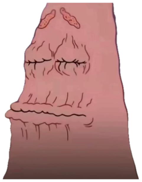 Extreme close-up of a wrinkled pink cartoon face with its eyes shut sticker
