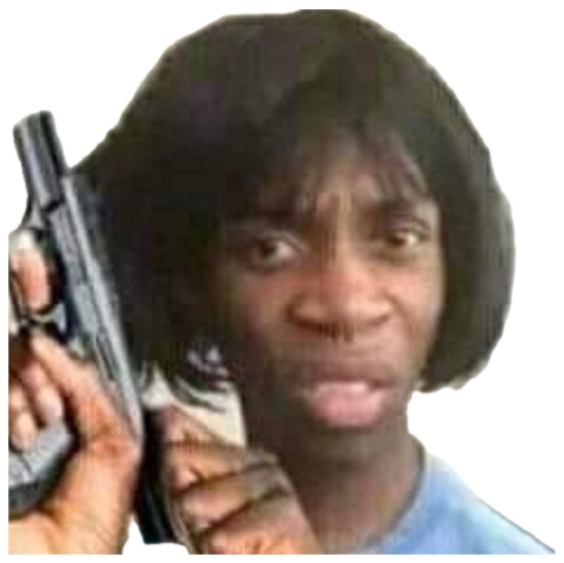 Person holding a handgun up beside their head with a flat, deadpan stare sticker