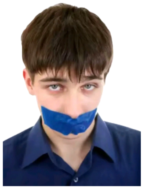 Young man with blue tape over his mouth staring blankly at the camera sticker