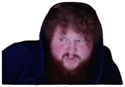 Bearded man in a hoodie leaning into a webcam with a menacing snarl sticker
