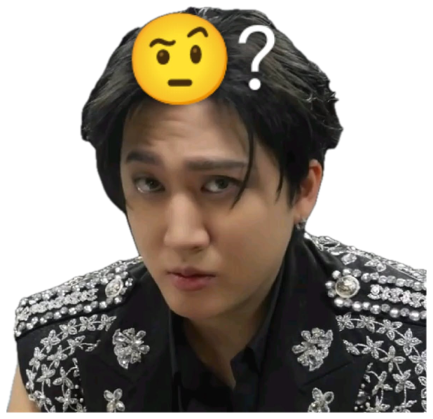 K-pop idol with a skeptical side-eye and a question-mark emoji on his forehead, caption reads '(끼잉...)' sticker