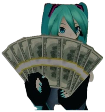 3D anime figure fanning out cash outside a Target with a speech bubble reading 'Griddy on dem haters' sticker