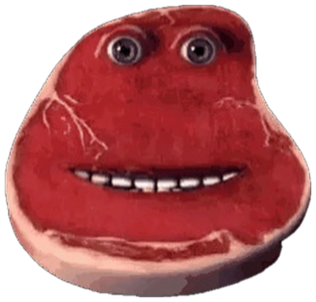 A slab of raw steak with a human face grinning smugly against a black background sticker