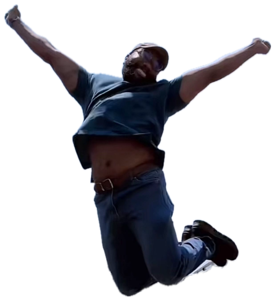 Man leaping into the air with arms spread wide between rows of storage units sticker