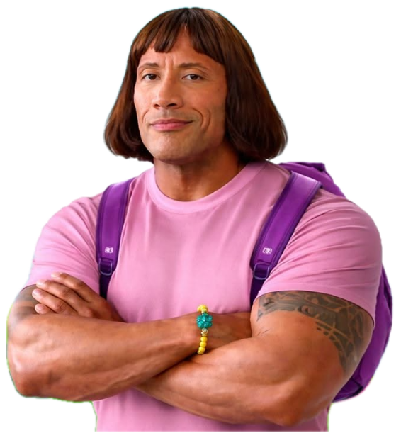 Dwayne Johnson photoshopped as Dora the Explorer, arms crossed with a confident smirk sticker