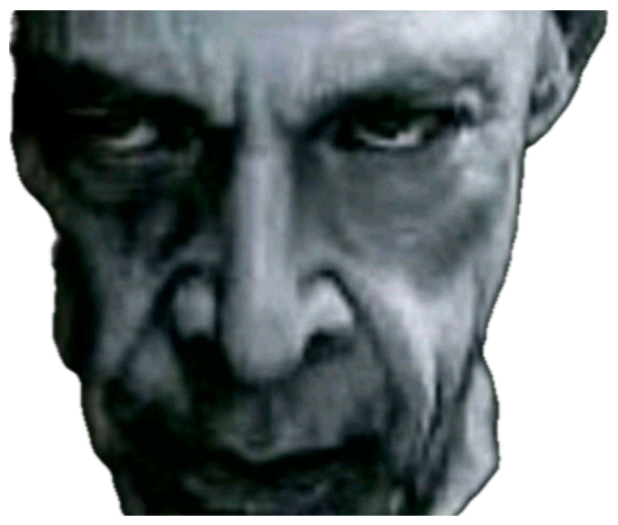 Intense elderly man looming out of darkness with a cold, menacing downward stare sticker
