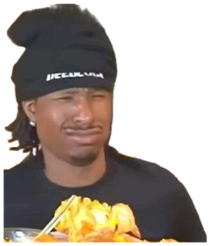 Guy in a black beanie crying while holding chopsticks over a plate of food sticker