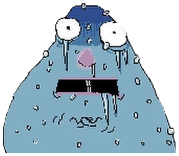 Blue blob cartoon standing in the pouring rain, soaked and sobbing sticker