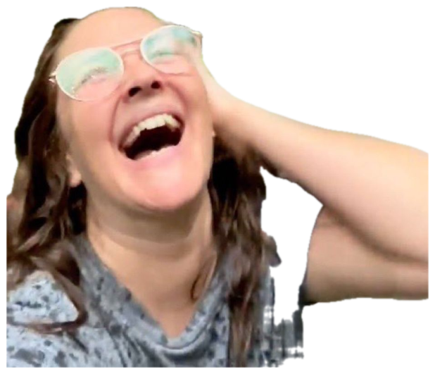 Woman in glasses throwing her head back cackling with a hand on her head sticker