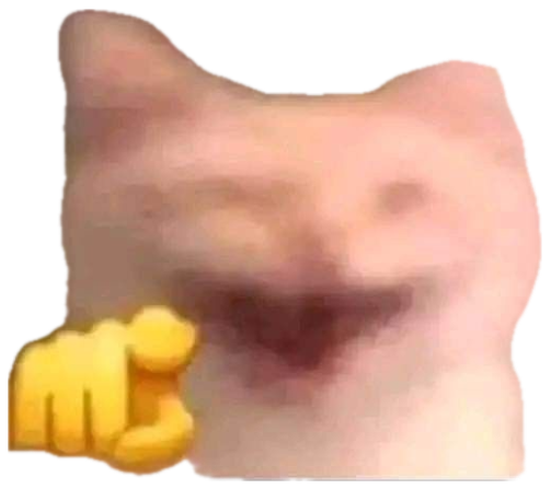 Blurry white cat grinning wide with a tiny raised paw fist emoji beside it sticker
