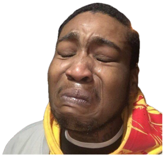 Man outside at night with his eyes squeezed shut, tears running down a crying face sticker
