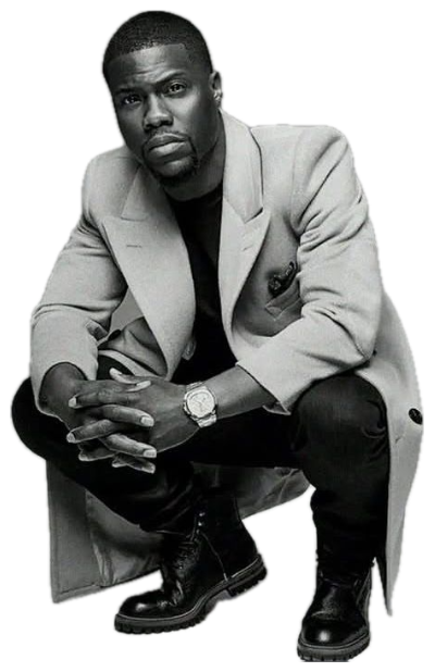 Kevin Hart crouching in a coat with a flat stare beside the word 'no.' sticker