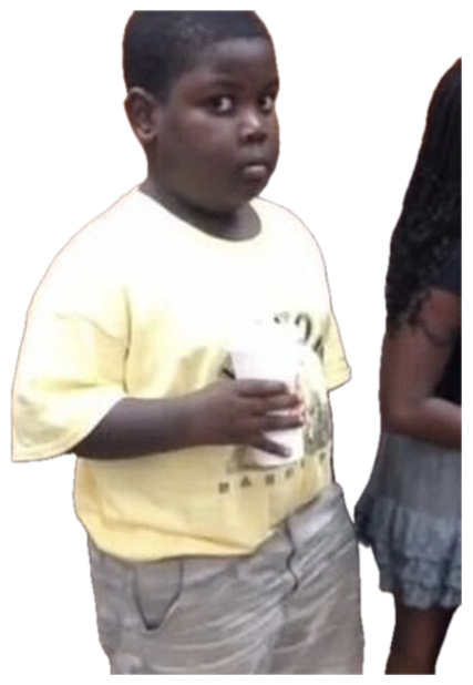 Kid in a yellow tee clutching a drink cup, glancing off with a caught-out look sticker