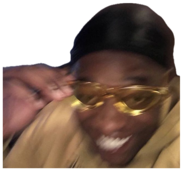 Blurry motion selfie of someone grinning wide in gold-frame sunglasses and a beanie sticker