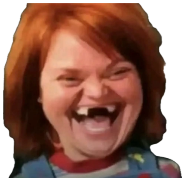 Chucky doll laughing maniacally with missing teeth and wild red hair sticker