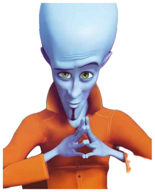 Megamind steepling his fingers with a sly, scheming little smirk sticker