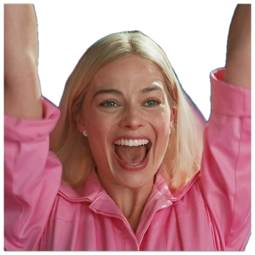 Margot Robbie as Barbie throwing her arms up and cheering with a huge grin sticker