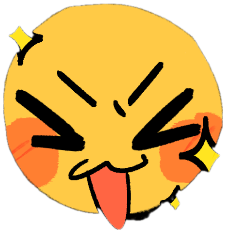 Yellow doodle emoji with scrunched eyes, blush and tongue out, sparkling sticker