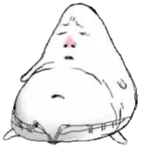 Fat cartoon blob slumped with eyes closed beside a tiny burger sticker
