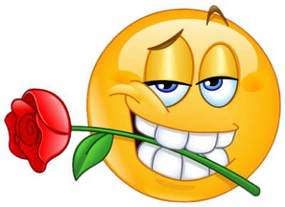 Cartoon smiley face biting a rose with a suave half-lidded smirk, totally smooth sticker