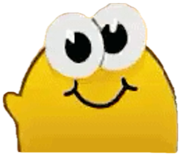 Happy yellow cartoon blob peeking over a sunset horizon with a big goofy smile sticker